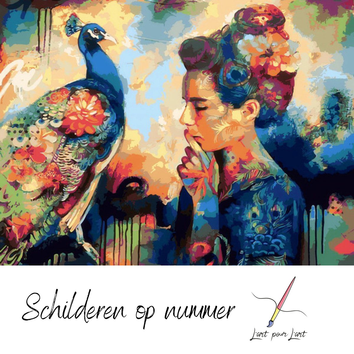 Schilderen op Nummer Volwassenen en Kinderen Lart pour Lart - Painting by Numbers - Verven op nummer - Canvas Schildersdoek - 40x50cm - Inclusief penselen – Kleuren op Nummer - Vrouw met pauw